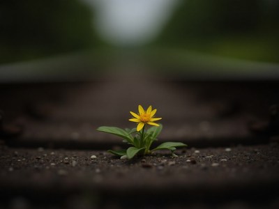 Yellow flower growing between train tracks in a quiet area