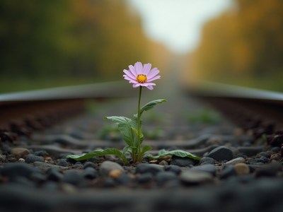 Flower blooms on railway track in autumn light