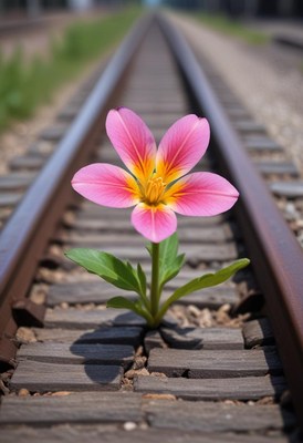 Pink flower growing in the railway tracks during daylight