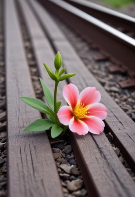 Flower growing between railroad tracks in a serene setting