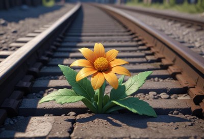 Flower growing between railway tracks in a serene setting