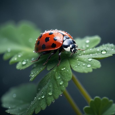 Ladybug on a green leaf with water droplets