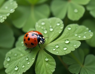 Ladybug resting on green leaf with water droplets