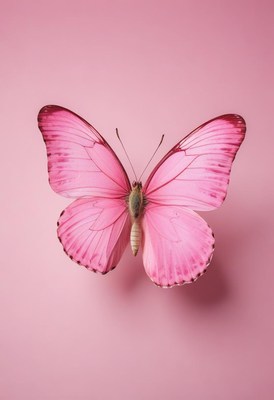 Bright pink butterfly resting on a pastel background