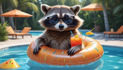 Raccoon enjoying a summer pool day with a drink