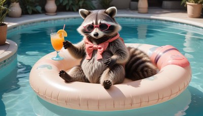 Raccoon relaxing in pool with drink on a summer day