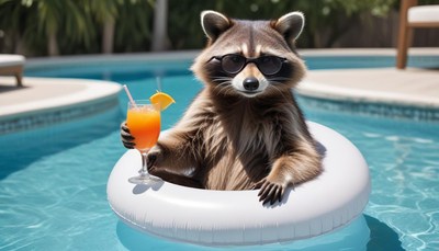 Raccoon enjoying a drink while relaxing in a pool