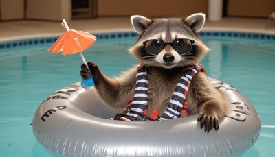 Raccoon enjoys summer by the pool with sunglasses