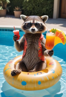 Raccoon relaxes by the pool with tropical drinks