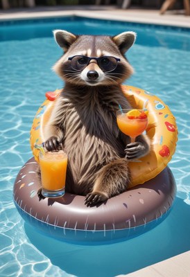 Raccoon enjoying summer day by the pool with drinks