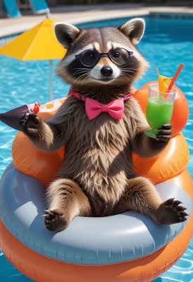 Raccoon enjoying a summer day by the pool