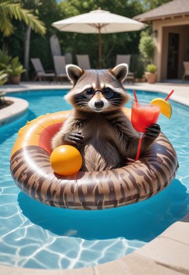 Raccoon relaxing in pool with drink on a sunny day