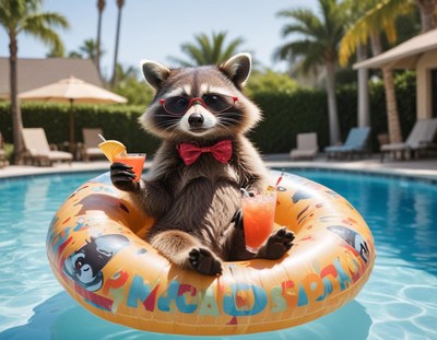 Raccoon enjoying summer by the pool with drinks