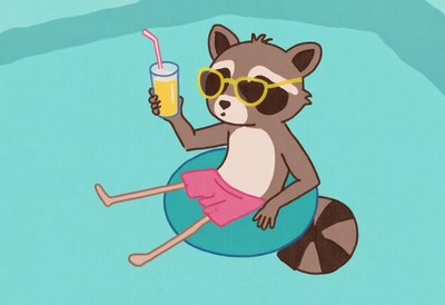 Raccoon relaxing in pool with drink on a summer day