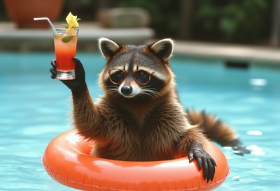 Raccoon enjoys a cocktail in a pool on a sunny day