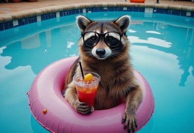 Raccoon enjoys summer day in pool with drink