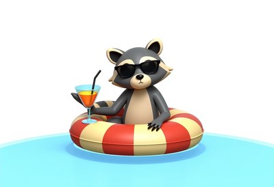 Raccoon enjoying a drink in a pool float