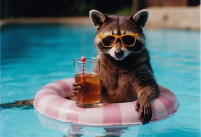 Raccoon enjoys summer fun in pool with drink in hand