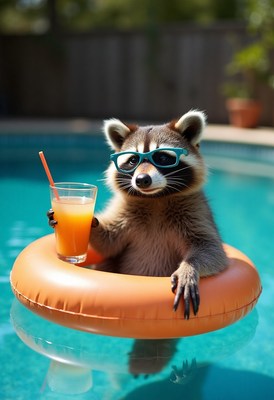 Raccoon relaxes in pool with drink during summer day