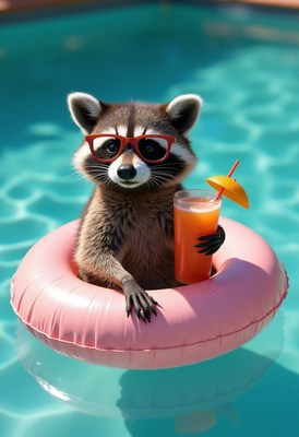 Raccoon enjoying a drink in a pool float