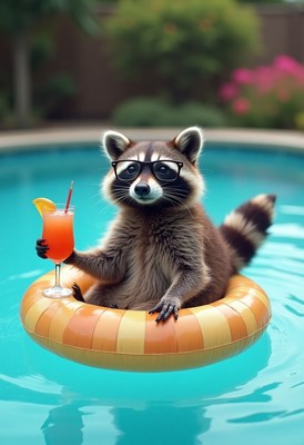 Raccoon relaxes in pool with drink on warm summer day
