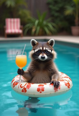 Raccoon enjoying a drink by the pool in summer
