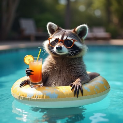 Raccoon enjoys a drink in a pool during a sunny afternoon