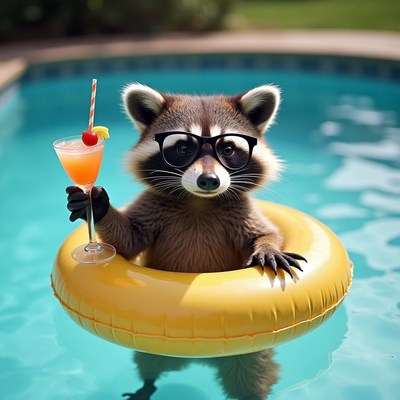 Raccoon enjoys a drink while floating in pool