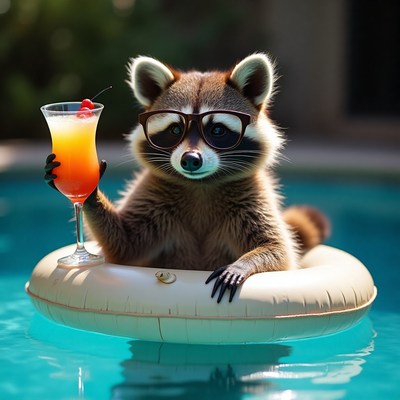 Raccoon relaxes in pool with fruity drink on sunny day