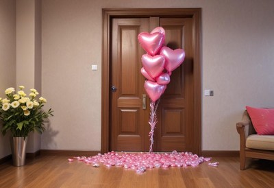 Decorative heart balloons near a wooden door with confetti