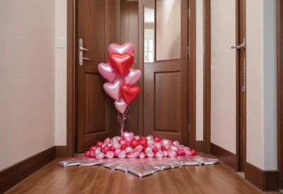 Romantic balloon surprise greeting at the entrance