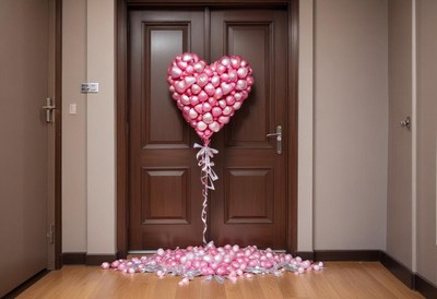 Heart-shaped balloon decoration near a wooden door