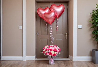 Romantic surprise with heart balloons and flowers at home