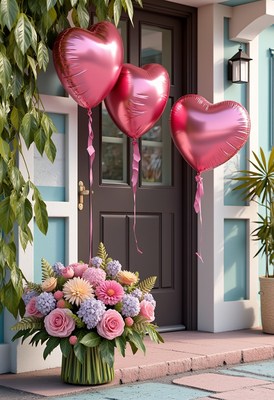 Heart-shaped balloons and fresh flowers at a doorstep