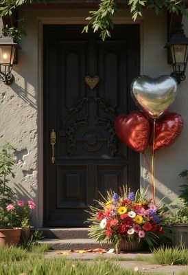 Balloons and flowers adorn the front door