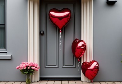 Decorative entrance with heart balloons and roses