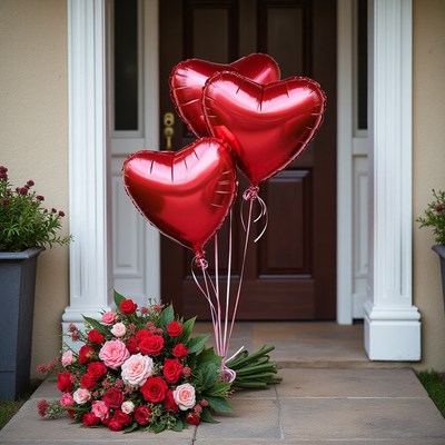 Romantic heart balloons and floral bouquet at entrance