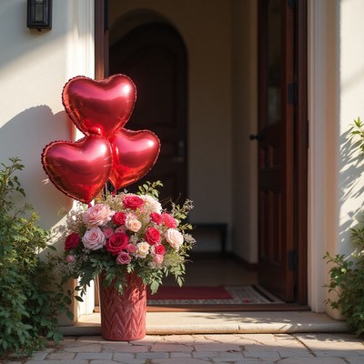Romantic flower arrangement with heart balloons at entrance