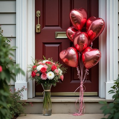 Special delivery of flowers and balloons at a front door