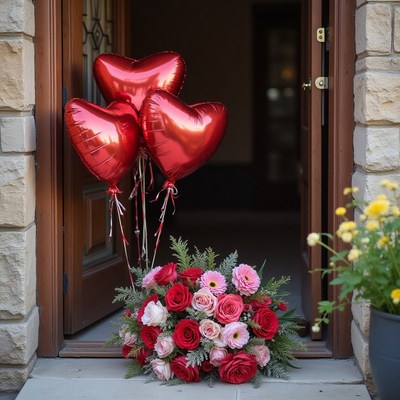 Heart-shaped balloons and flower bouquet at doorstep