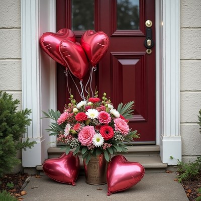 Heart-shaped balloons and vibrant flowers at the door