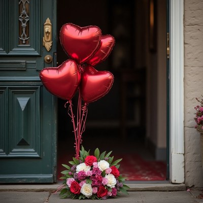 Heart balloons and bouquet at the door in celebration