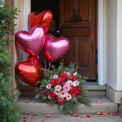 Heart-shaped balloons and floral arrangement on porch