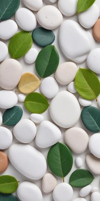 Stones and leaves arranged decoratively on flat surface