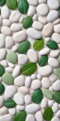 Decorative arrangement of stones and leaves on a surface