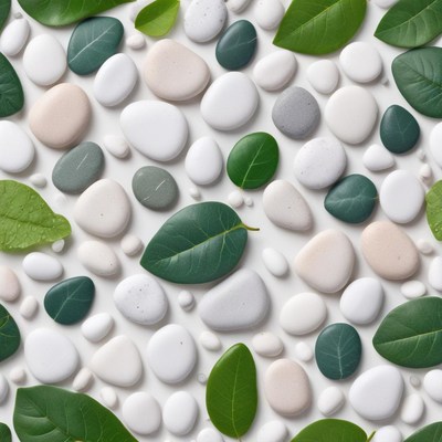 Natural arrangement of stones and leaves on a flat surface