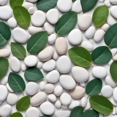 Stones and green leaves on a white surface