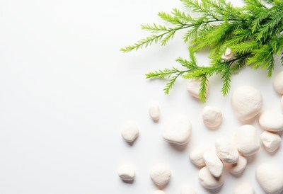 Smooth white stones and green foliage on a light background