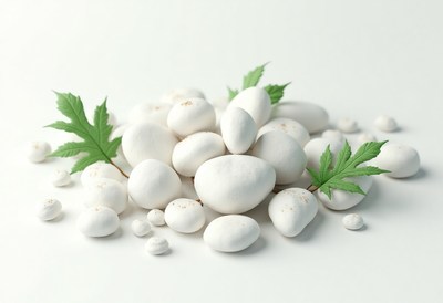 White stones arranged with green leaves on a light backdrop