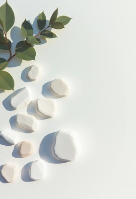 White stones arranged with green leaves in natural light